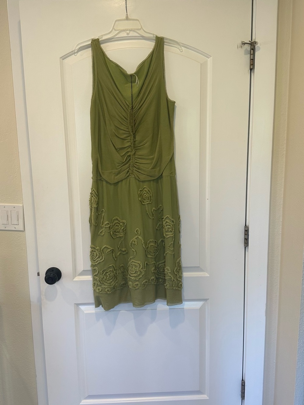 Max Studio Olive Green Sleeveless Ruched Midi Dress with Floral Embroidery